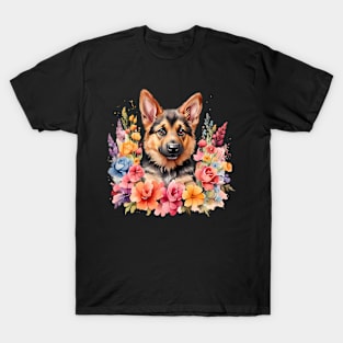 A german shepherd decorated with beautiful watercolor flowers T-Shirt